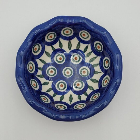 Polish Pottery Peacock Leaves 5" Fluted Bowl Peacock Dessert Bowl Trinket Dish - Picture 3 of 7